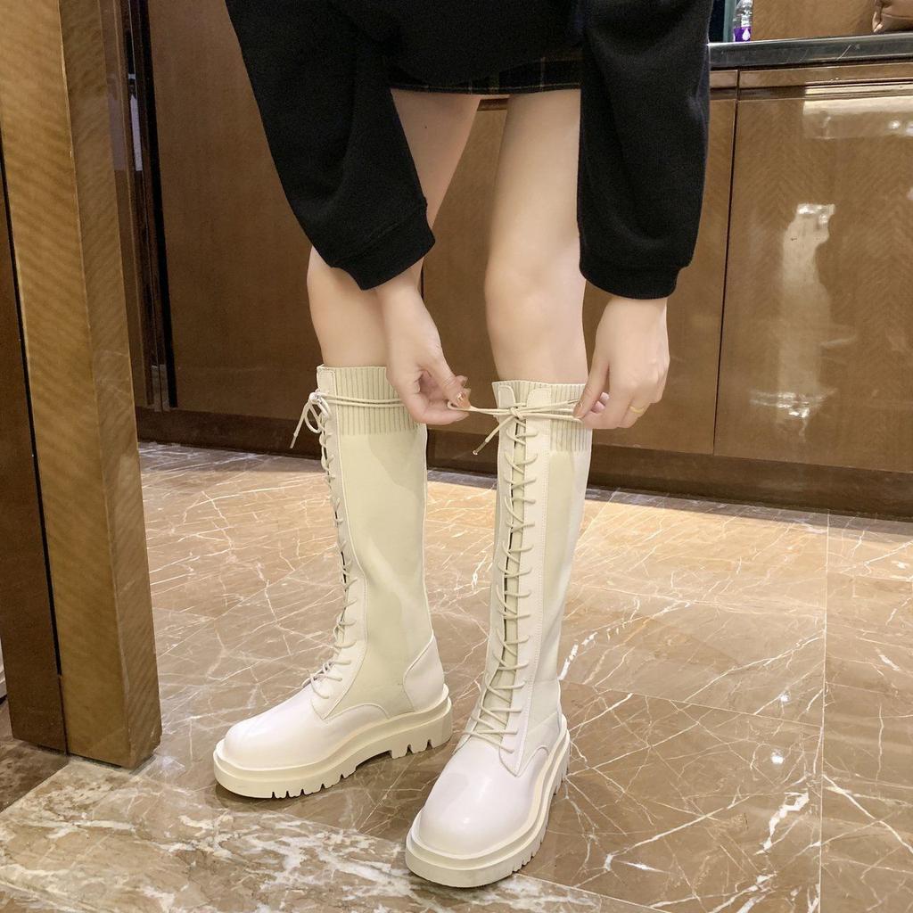 Fashion Shoes for Woman Lace-up Footwear Elastic Black Women's Boots Winter Knee High Shaft Sock Long with Laces Comfortable and Elegant