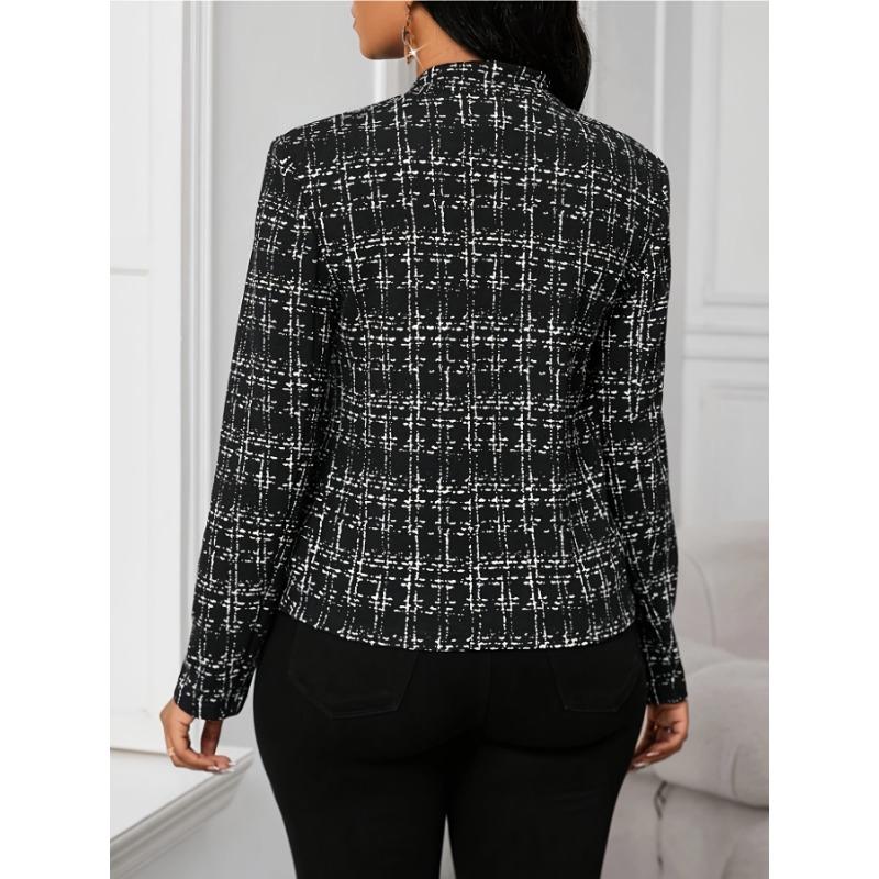 Women's Lightweight Plaid Long Sleeve Jacket - Stylish Open Front Outerwear for Spring & Fall, Black & White Houndstooth Pattern,