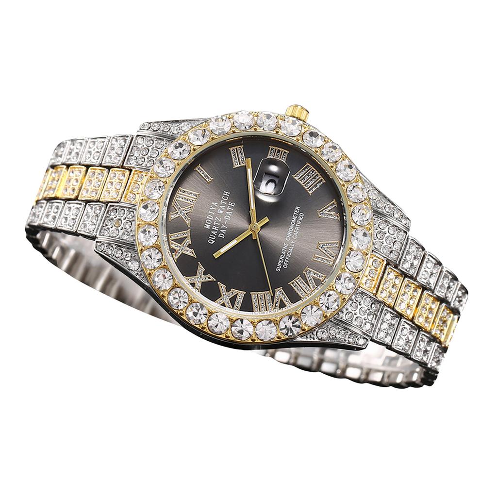 Часы с календарем из водного бриллианта и бриллиантами, римская шкала, стальной ремешок из сплава, мужские часы