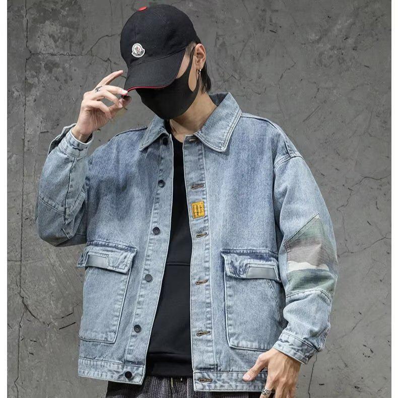 Мужская черная джинсовая рабочая куртка - весна 2024 года, повседневный топ с лацканами
