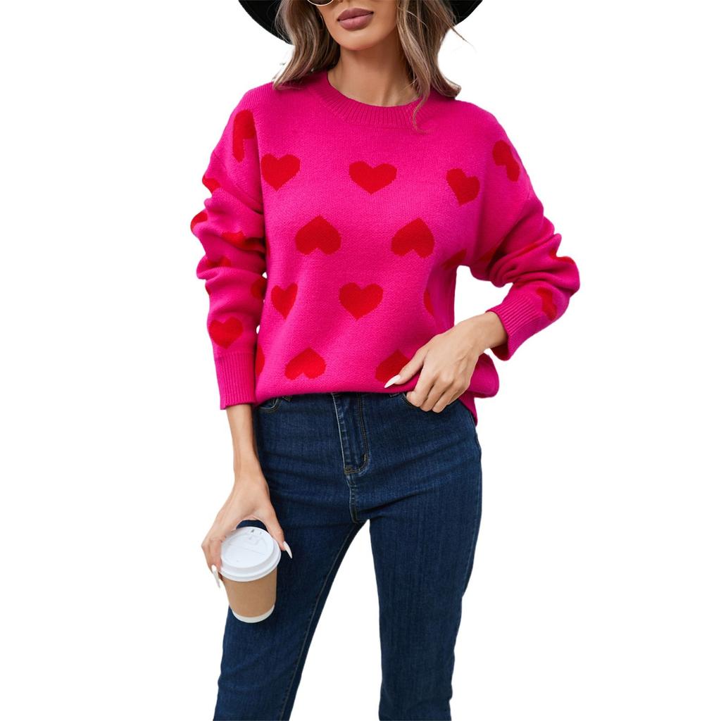 Women's Loose Casual Fashion Round Neck Heart Sweater Knitted Bottoming Shirt Sweater