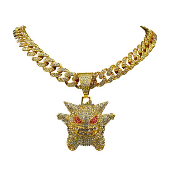 Кубинское ожерелье с мультяшным кулоном, блестящие стразы, инкрустация, фиолетовый, золотой, серебряный цвет, сплав, мужское и женское ожерелье, модные аксессуары, подарок