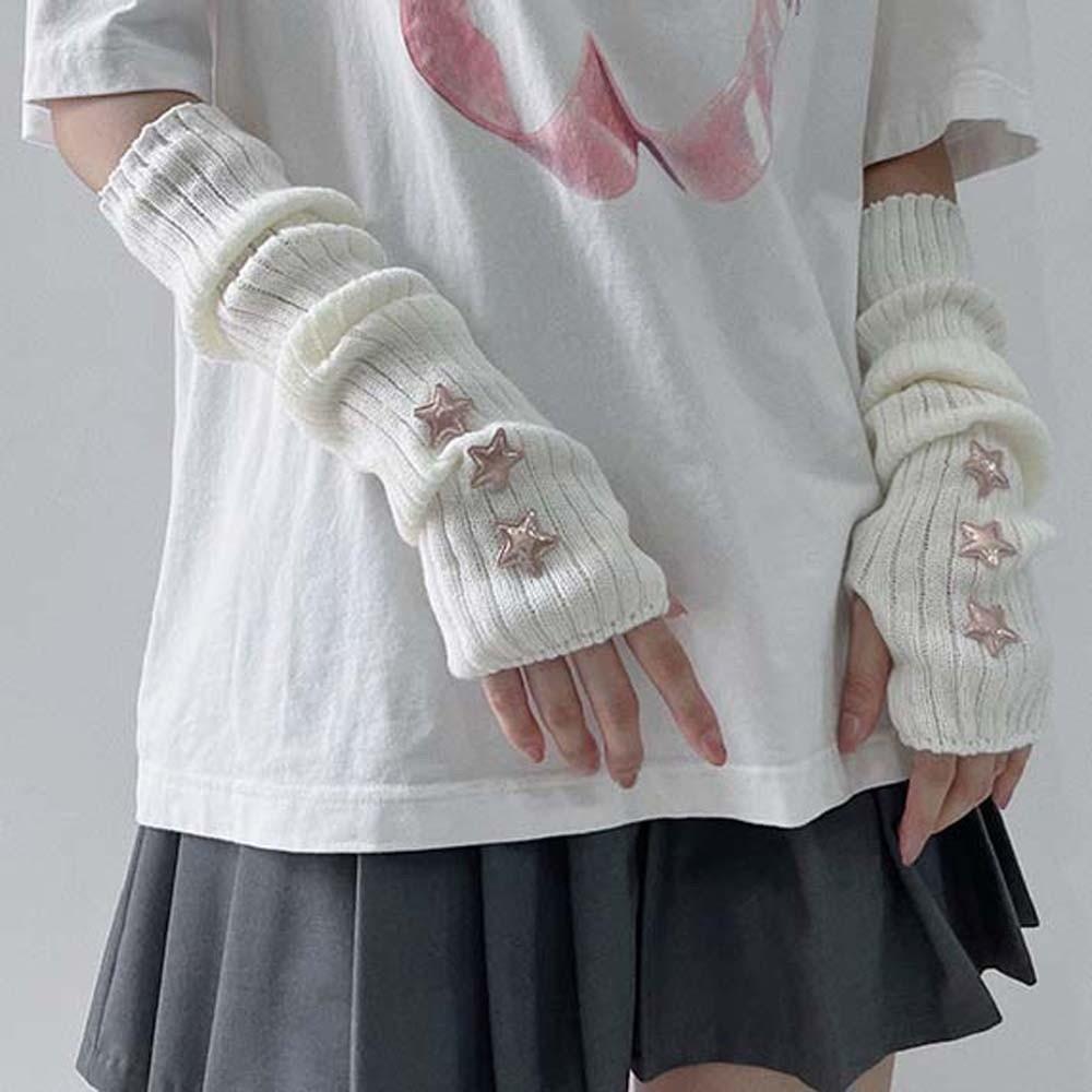 Solid Color Y2K Star Arm Cover Long Warmer Long Cuff Knitted Fingerless Sleeves Outdoor