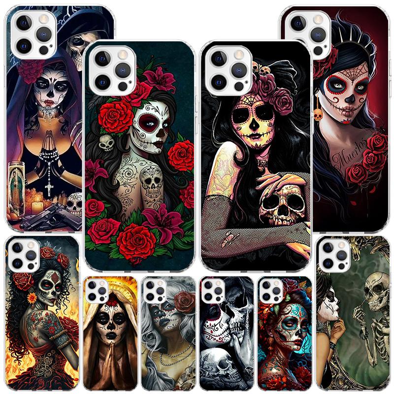 Catrina Beautiful Rose Girl Skull Phone Case For iPhone 17 Air 16 Pro Max 16E 15 + 14 Plus 11 12 13 Mini 7 8 SE Gift Print Cover