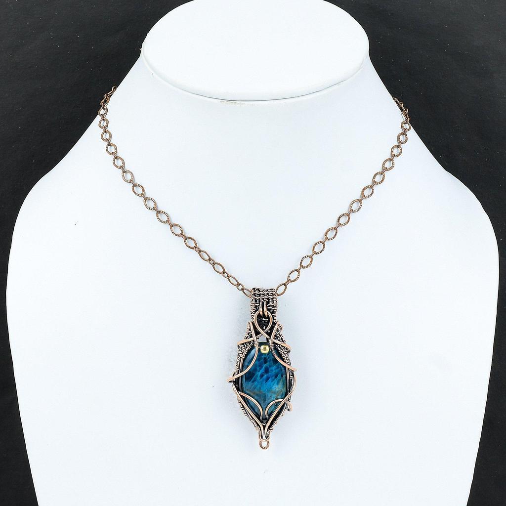 Неоновый апатитовый медный кулон, обернутый проволокой, неоновый апатит, ювелирные изделия ручной работы, кулон из медной проволоки, ювелирные изделия, драгоценный камень, кулон для подарка