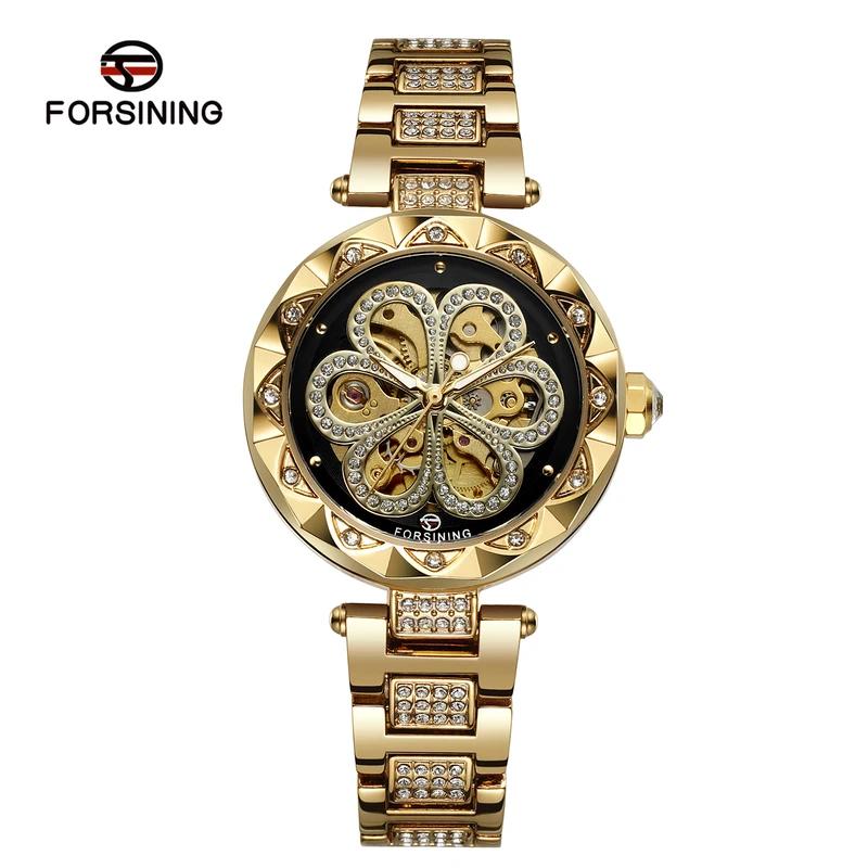 Forsining Elegant Fashion Women Automatic Mechanical Watches Luxury Diamond Stainless Steel Waterproof Ladies Stylish Wristwatch