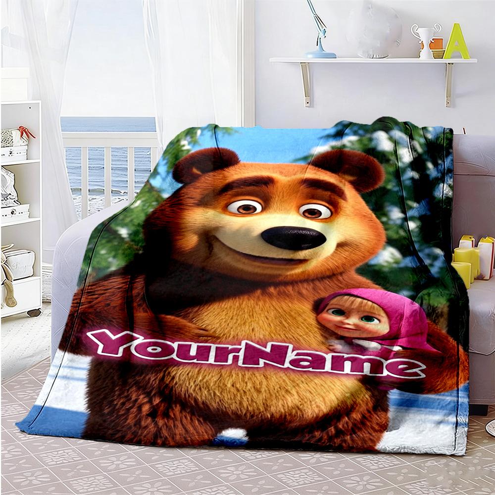 Masha Bear Customize Your Name Blanket Cozy Customizable Blanket Warmthful Decor for Bed Bedding Livingroom Sofa All-Season Use