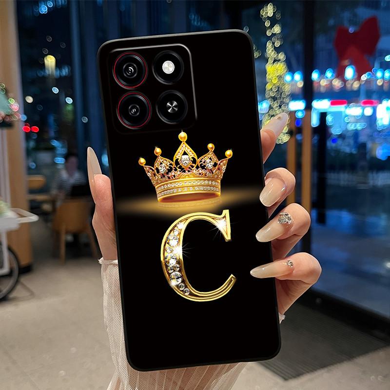 Cool Lucky A-Z Letter Phone Case For ZTE Blade A35/A55 Soft Silicone Black Case Shockproof Luxurious Glitter Crown Shell