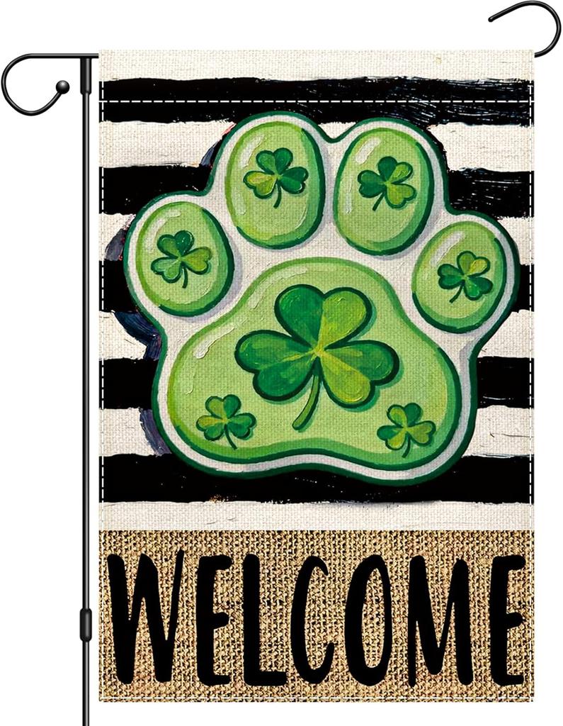 St Patricks Day Garden ag 12x18 Double Sided, Dog Paw Yard ag for Outside, Lucky Shamrocks Small Burlap ags for Spring IIC