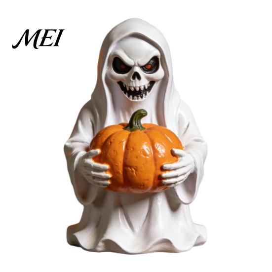 Durable Resin Halloween Ornament White Ghost Pumpkin Statue, Spooky Holding Mini Unique Sculpture for Office Figurine Garden Yard Tabletop Mantel Home