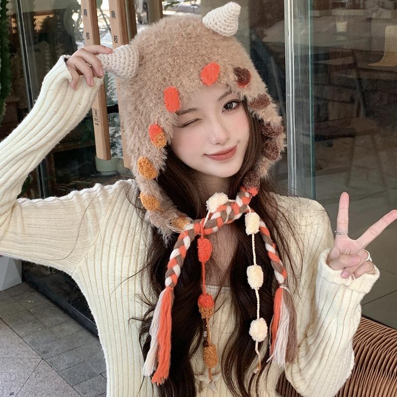 2025 новая японская милая шапка-чудовище из плетеной шерсти, женская сезонная теплая универсальная вязаная шапка с ушками