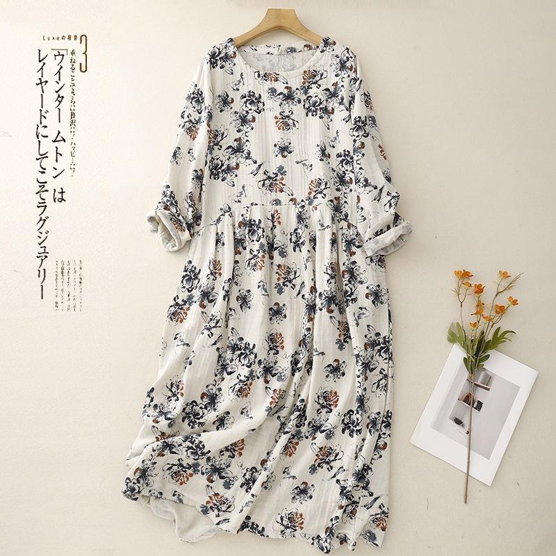 2025 весна и осень новое платье из хлопка и льна с принтом, женское свободное идиллическое платье с круглым вырезом и длинными рукавами, цветочная длинная юбка