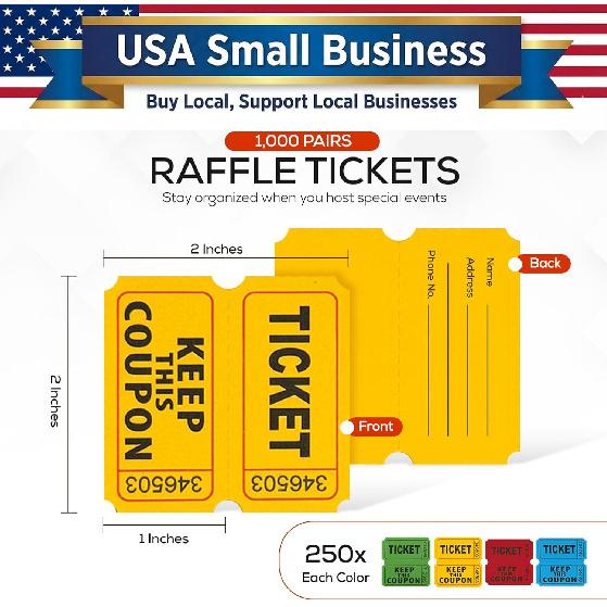 PM Company 1000 Pairs (2000 pcs) Raffle Tickets, 50/50 Double Raffle Tickets (Blue/Red/Green/Yellow) 250 Pairs Per Color, for Events, Carnivals,
