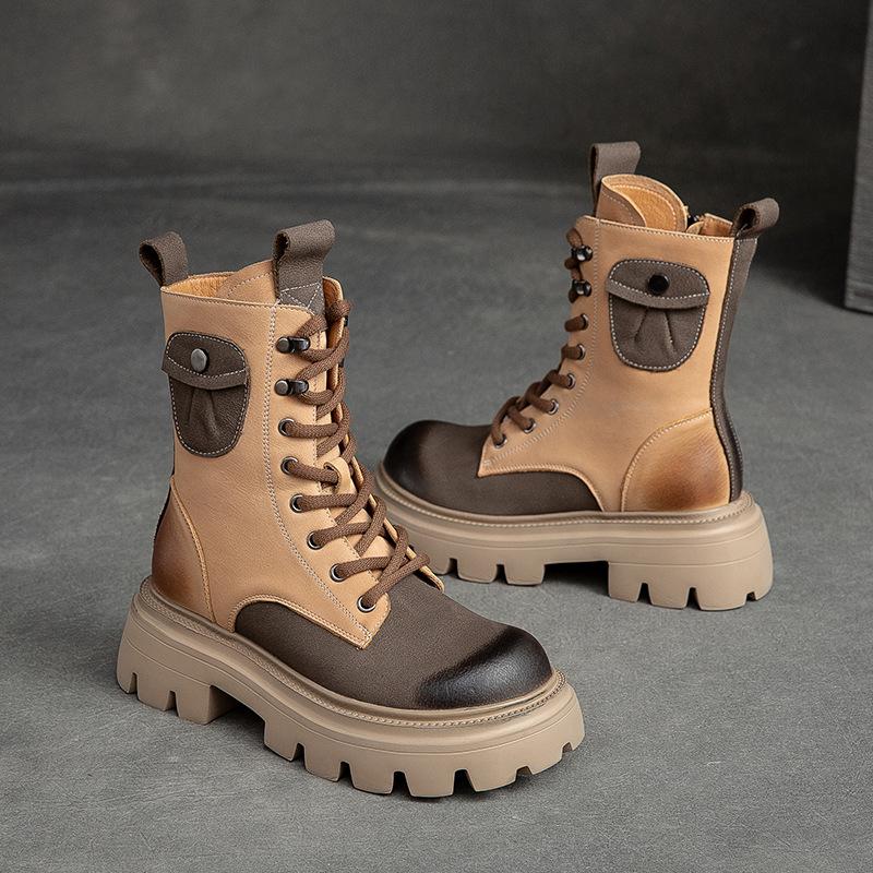 Johnature Женские ботинки из натуральной кожи, зимняя женская обувь на молнии с круглым носком, ботильоны на платформе в стиле ретро