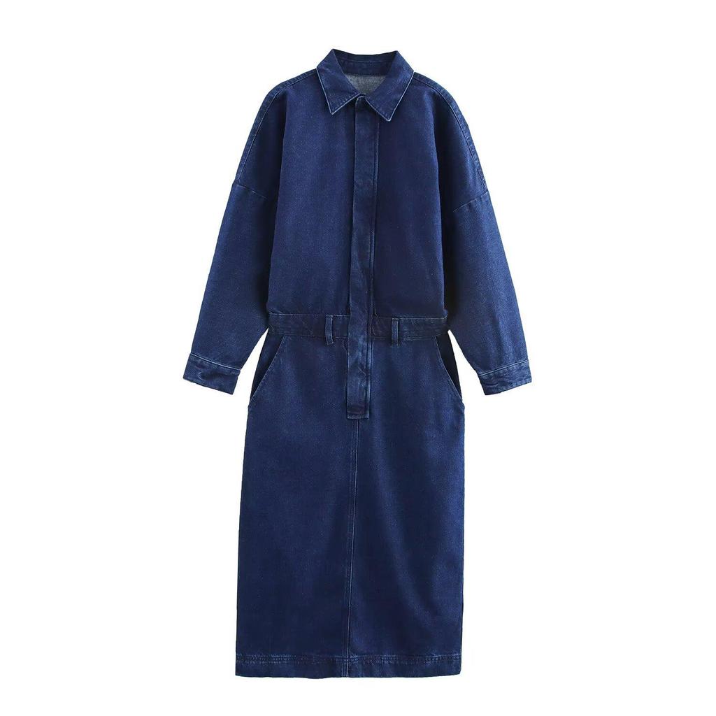 Women's Spring 2025 POLO Collar Denim Belted Lapel Dress