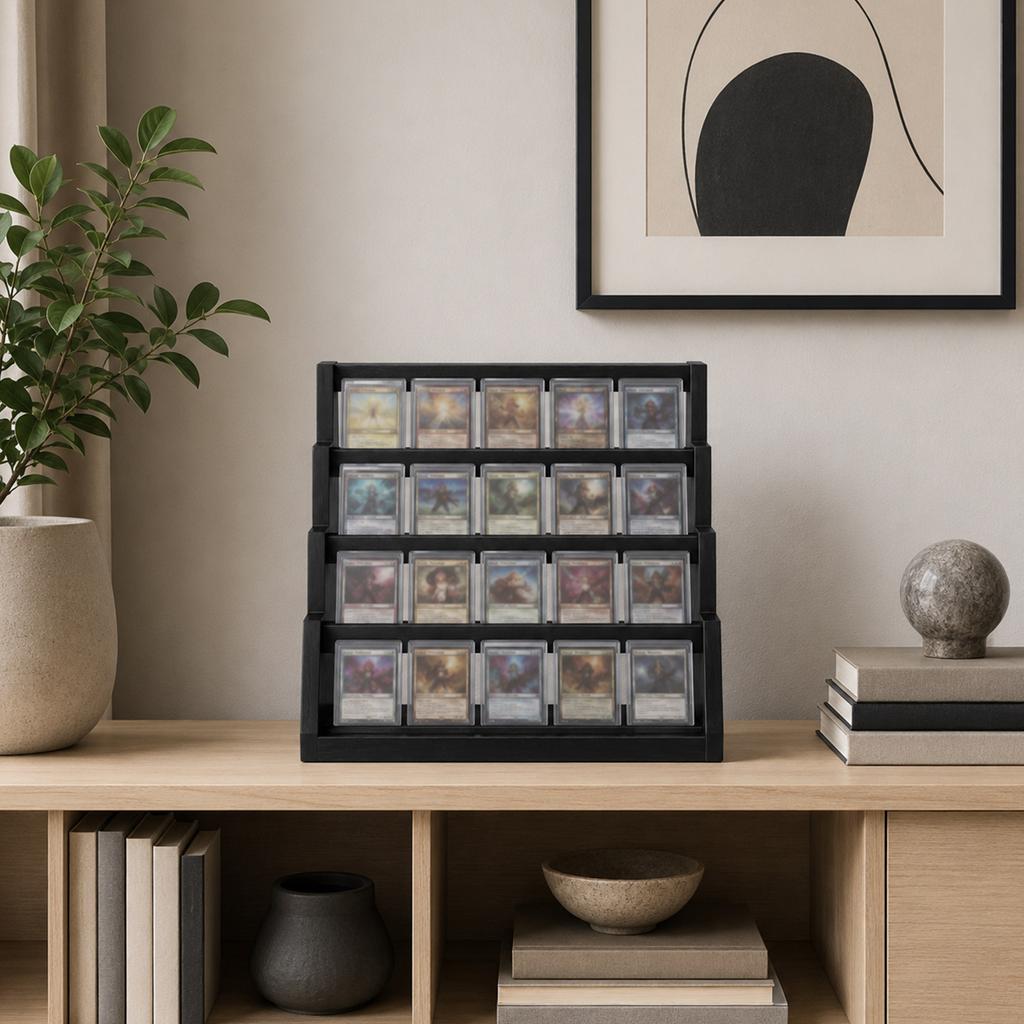 4-Tier Wood Card Display Shelf - Stepped Holder for Sports Trading Cards, Collectibles, Memorabilia