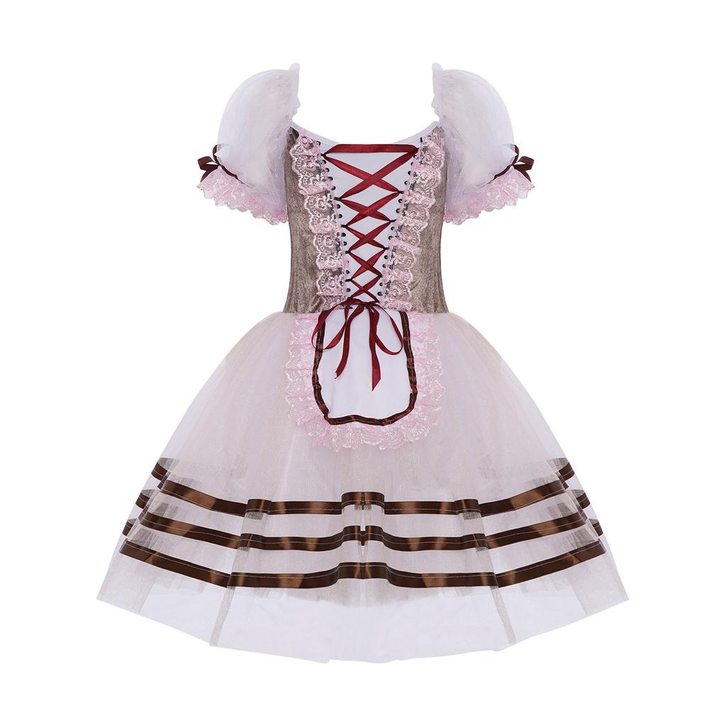 Girls Puff Sleeve Layered Tutu Dress Lace Trim Velvet Bodice Lace Up Back Ballet Costume