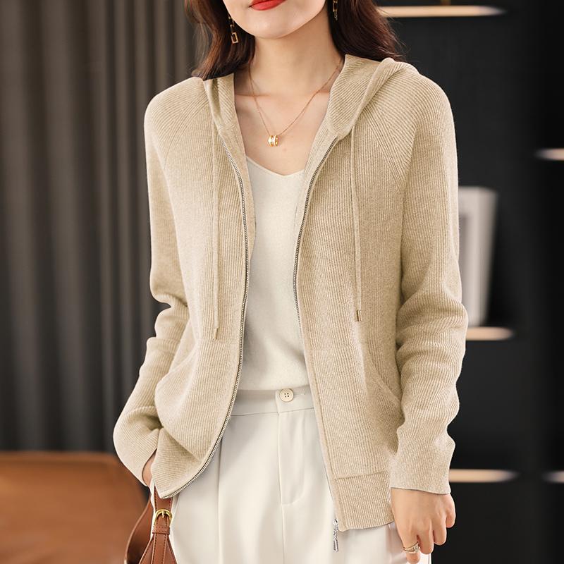 Autumn Winter Women Cardigan Sweater Jacket Hooded Collar Thicken Knitted Zipper Cardigan with Pocket Basis Top Female Coat