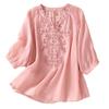 Хлопково-льняная блузка азиатского размера, летняя рубашка с коротким рукавом, женские розовые, белые повседневные топы с v-образным вырезом и вышивкой