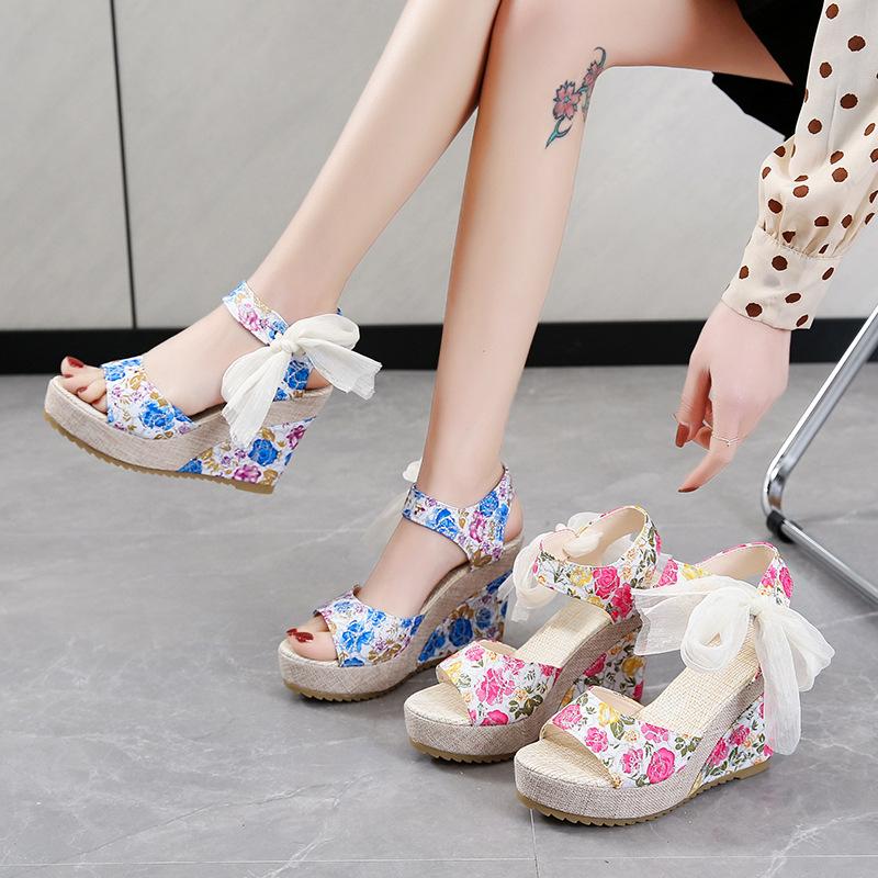 Сандалии на танкетке Fish mouth женские летние новые туфли на высоком каблуке с бантом женские модные пляжные сандалии