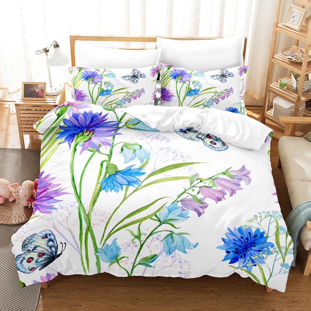 3D Digital Printing Quilt Cover Tropical Plant Green Leaf Flower Three-Piece Set Abrasive Bedding