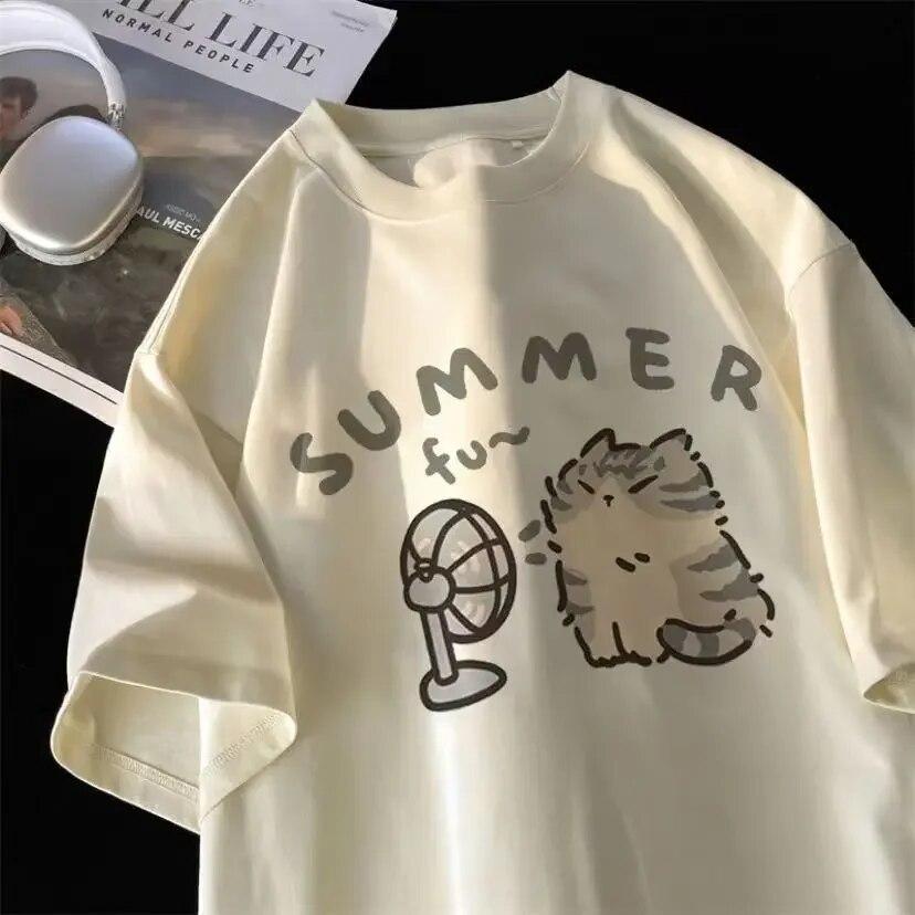 Футболка American Street Creative Blow Fan Cat Pure для мужчин и женщин, летняя свободная одежда с коротким рукавом для пар, уличная одежда INS Top Sense of Design