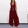 Women Summer Jumpsuit Loose Sleeveless Solid Color Wide Leg V Neck Pockets Deep Crotch Soft Irregular Hem Ankle Length Vacation Long Jumpsuit