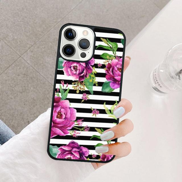 Черно-белые полоски с цветами Чехол для телефона Для iPhone 17 Air 15 16 14 13 12 Pro Max 11 Pro Max Plus Coque