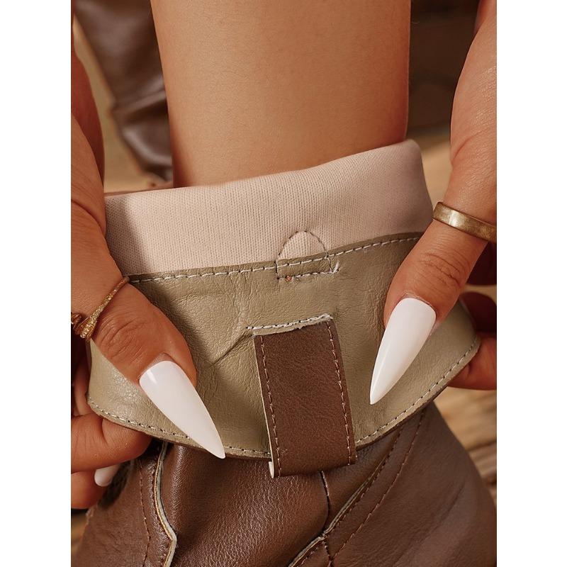 Женские кожаные сапоги миди на квадратном каблуке с флисовой подкладкой большого размера - Осень/Зима, Европейский и американский стиль, Модные