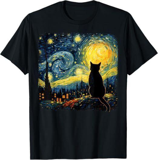 Кот Звездная ночь Ван Гог Кот Для любителя кошек Кошачья мама Кошачий папа Футболка Унисекс Футболка