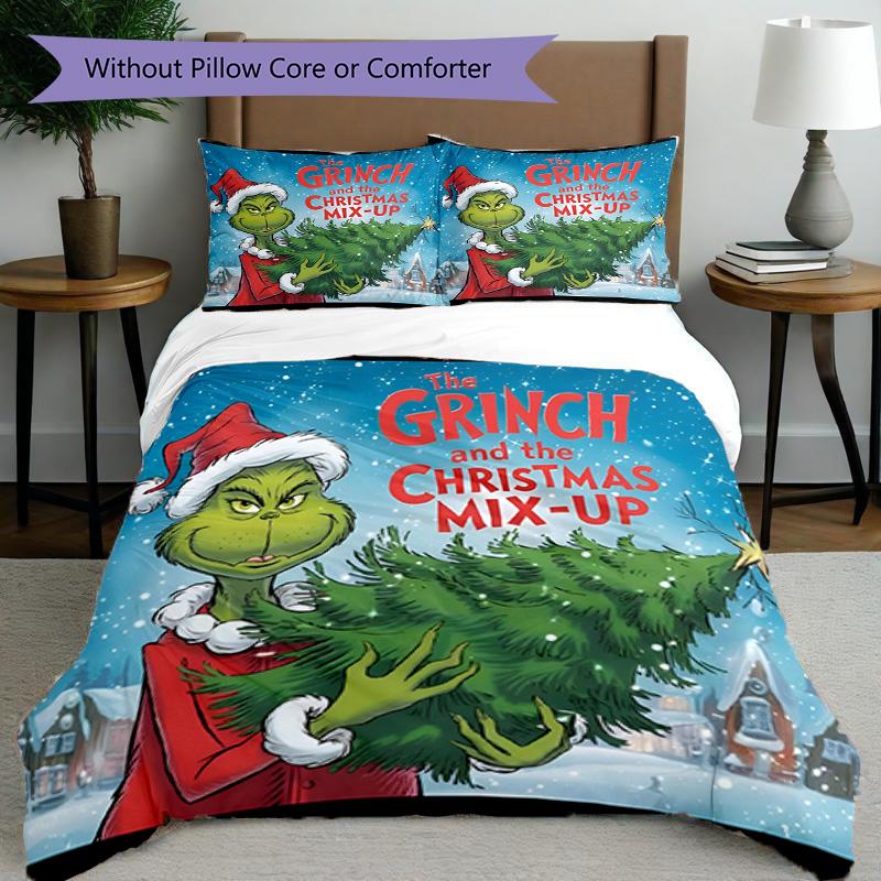 3pcs Duvet Cover Set (1*Duvet Cover + 2*Pillowcase, Without Core), The Grinch Print Bedding Set, Bedroom Decor, All‑Season, Birthday Gift
