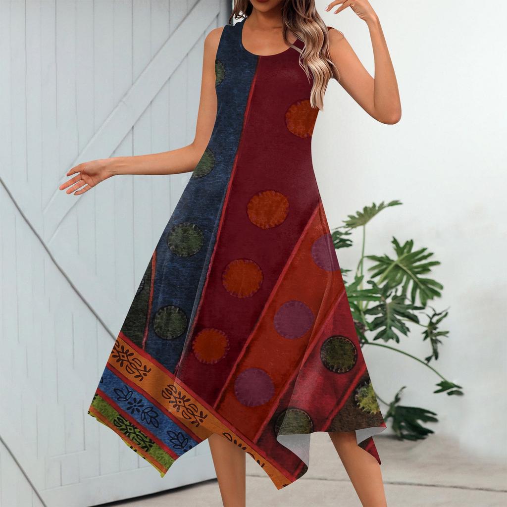 Женское повседневное модное платье миди без рукавов с круглым вырезом и нерегулярным подолом