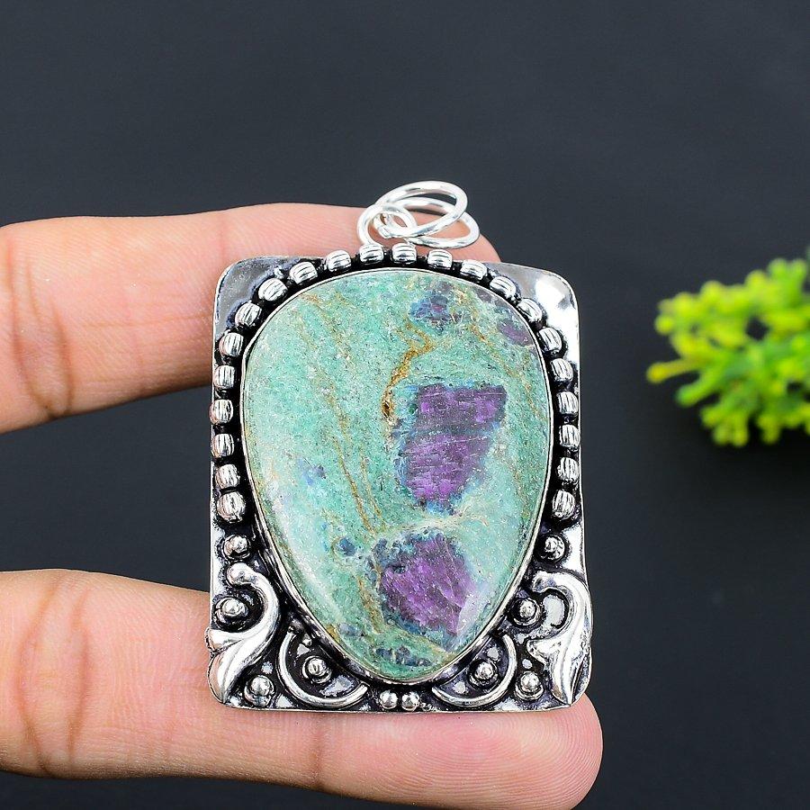 Ruby Fuchsite Lab-Created Handmade 925 Sterling Silver Pendant 2.64" t7H47