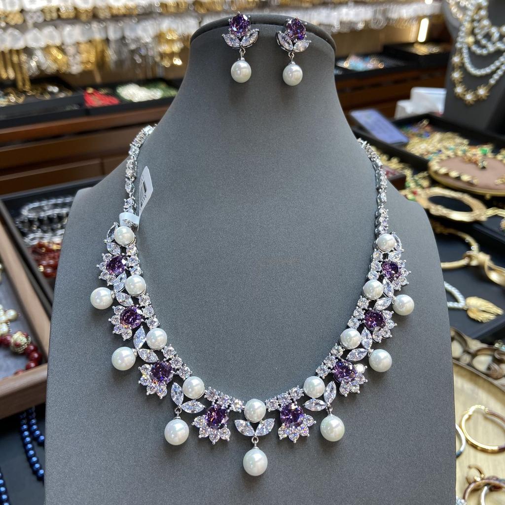 Purple Crystal Zircon Necklace Full Diamond Flower Earrings Banquet Exquisite Accessories Bridal Accessories Set