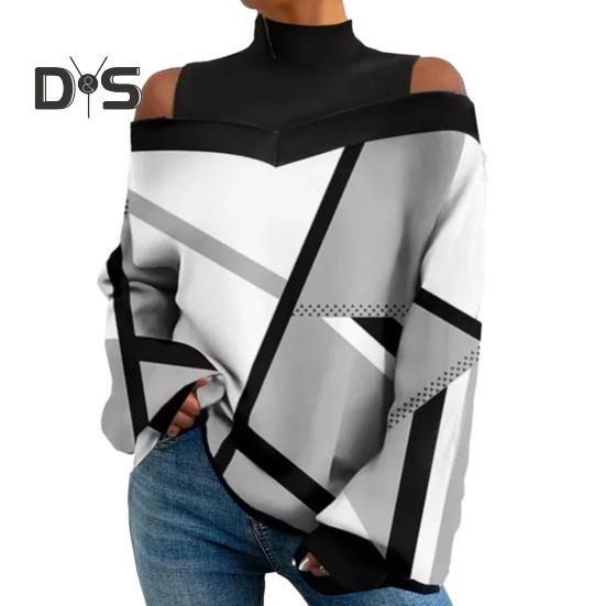 Women Fall Spring Top Hollow Out Off Shoulder Color Matching Geometric Print Long Sleeves Loose High Collar Pullover Lady Mid Length T Shirt Blouse
