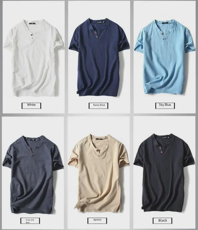 Мужская льняная футболка свободного кроя с V-образным вырезом - ретро, с короткими рукавами, однотонная, большого размера