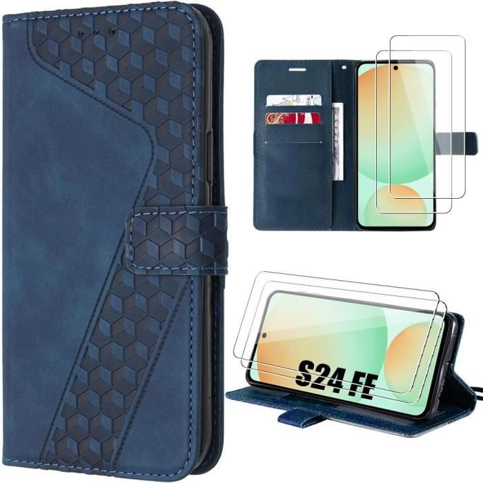 Case for Samsung Galaxy S24 FE (not for S24), Navy Blue Faux Leather Protection + 2 Tempered Glasses