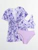 Tween Girls' Fashion 3 Pieces Floral Printed Swimwear Set Solid Tank Top Briefs and Short Sleeves Lace Up Cover-Up Swimsuit Children's Bathing Suit