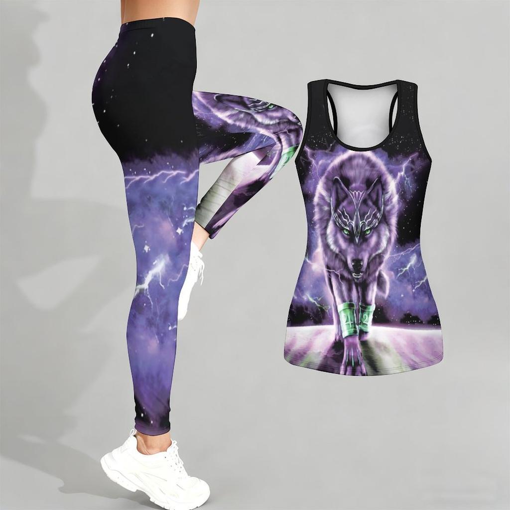 Йога-комплект с принтом «Тотем волка» для женщин Модные леггинсы для тренировок Фитнес Спортивный повседневный набор для йоги Спортивный костюм