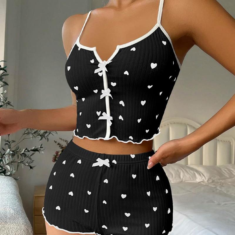 Women' Summer Cute Crop Top and Shorts with Ribbed Slim Fit Printed Suspender Ladie' S Home Casual Pajama Set