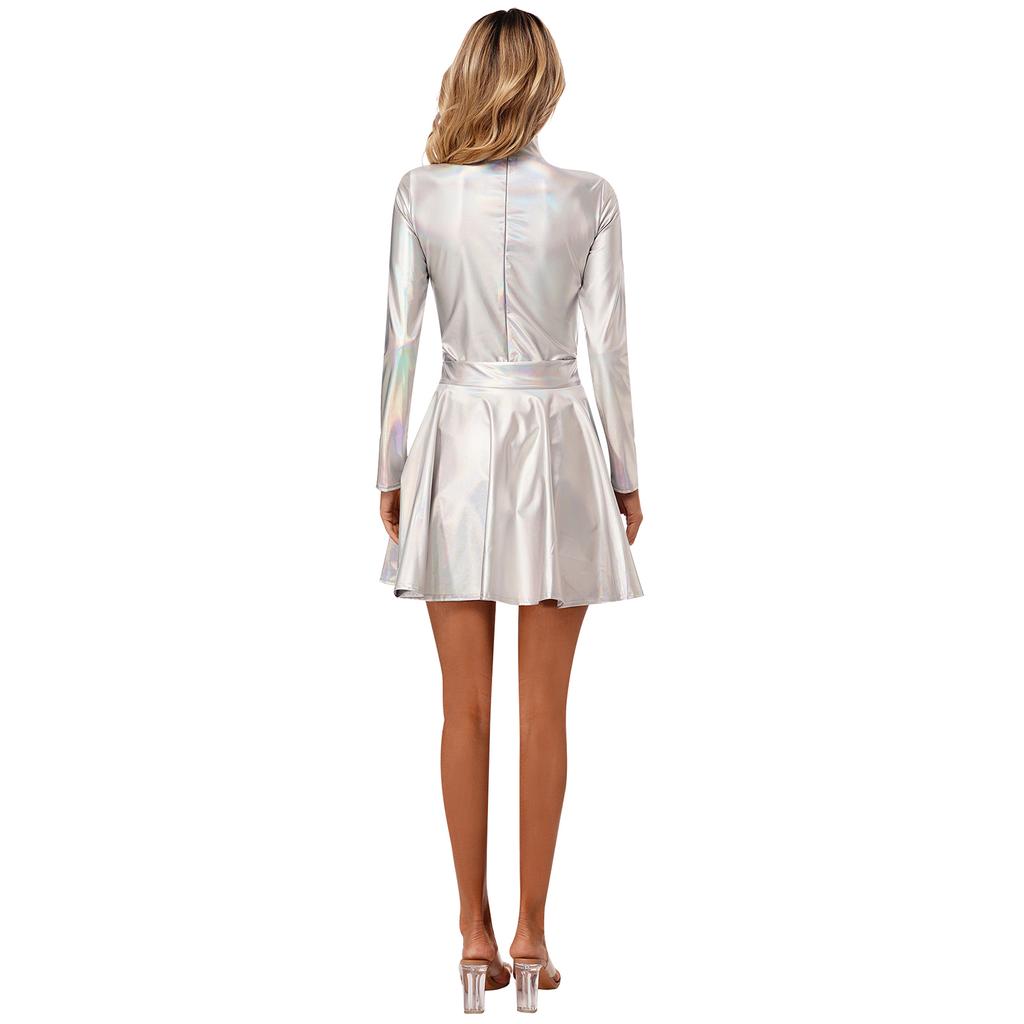 Женские рейв-наряды с блестящим металлическим купальником с длинными рукавами и расклешенной юбкой для музыкальной вечеринки в клубе