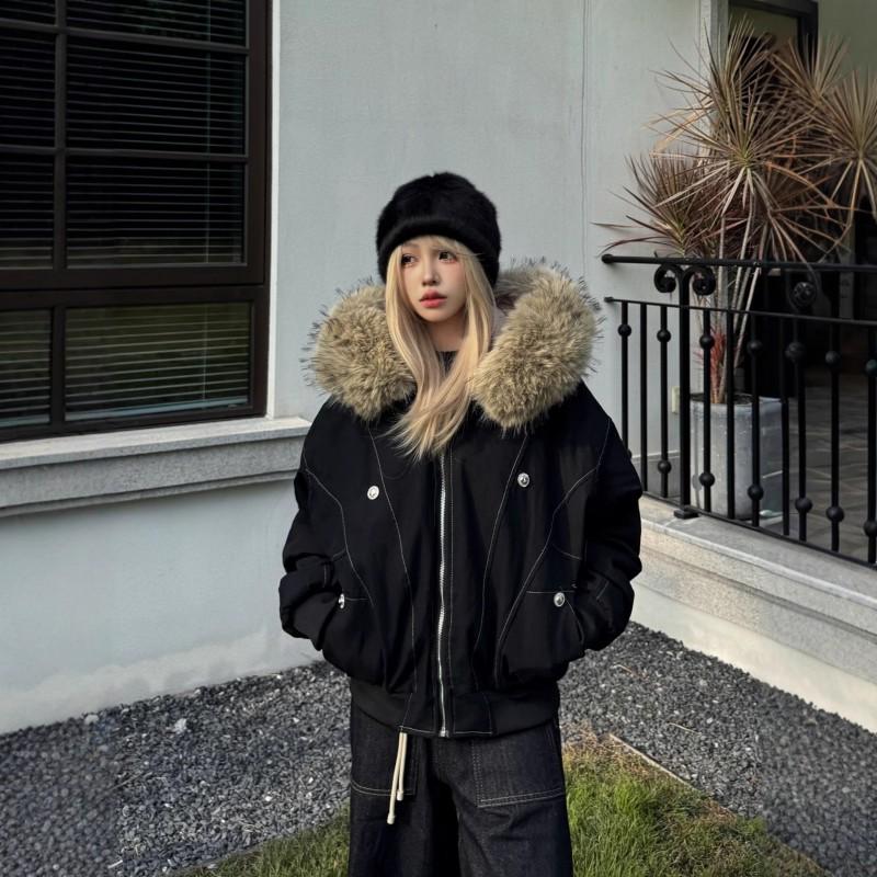 Womens Vintage Black Parka Winter Fleece Lined Short Jacket Streetwear