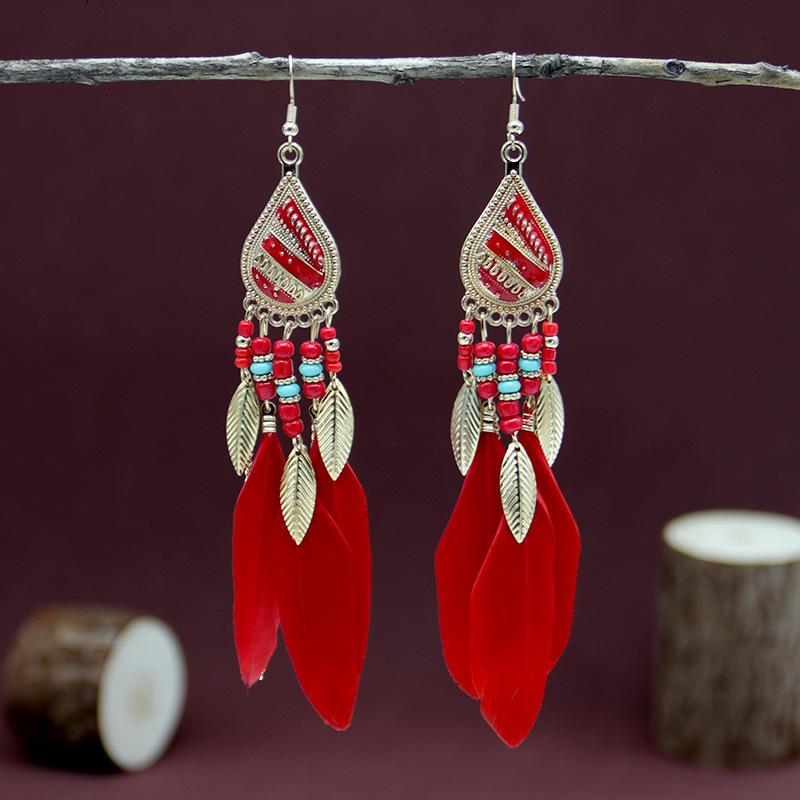 Этнический стиль длинные серьги с перьями и бахромой красные женские модные ретро-серьги в национальном стиле праздничные фотоукрашения