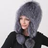 Natural Fox Fur Knit Bomber Hats for Women Winter Warm Elastic Soft Fashion Outdoor Street Snow Balls Hat