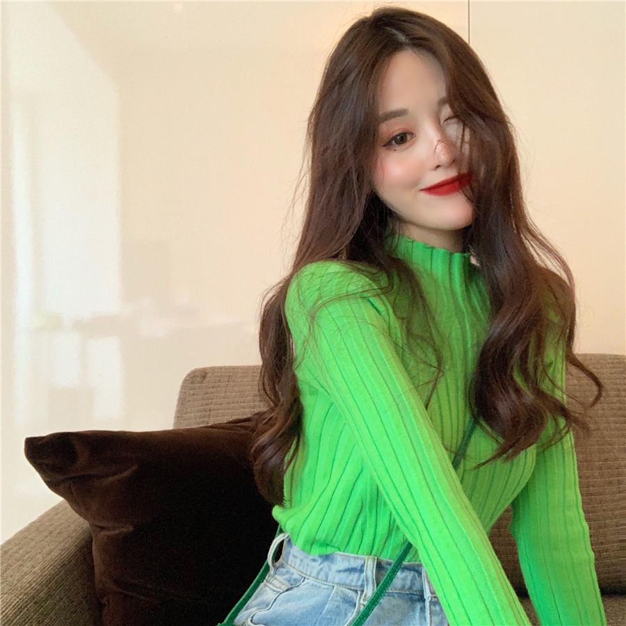 Рубашка снизу с полувысоким воротником, женская осенне-зимняя пуловер в Корейском стиле, трикотаж, узкие топы с длинными рукавами