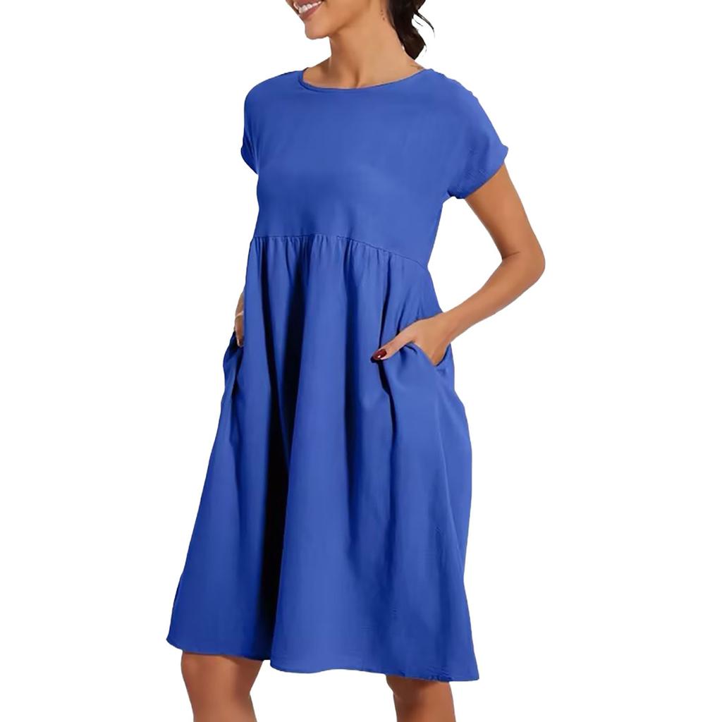 Women's Solid Colour Casual Cotton Linen Dress Short Sleeve Round Neck Pocket Dresses