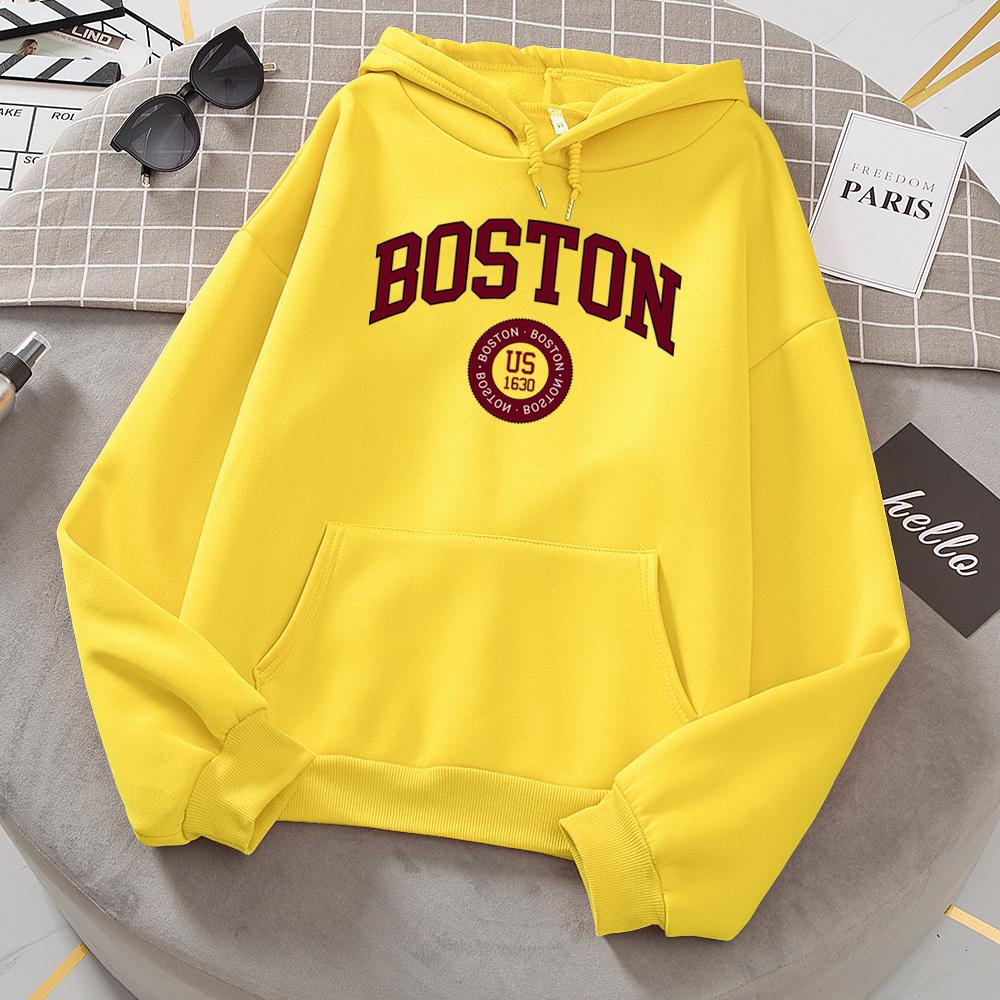 Толстовки с капюшоном Boston City Us, основанные в 1630 году, женские теплые удобные пуловеры, модные повседневные женские базовые толстовки с капюшоном
