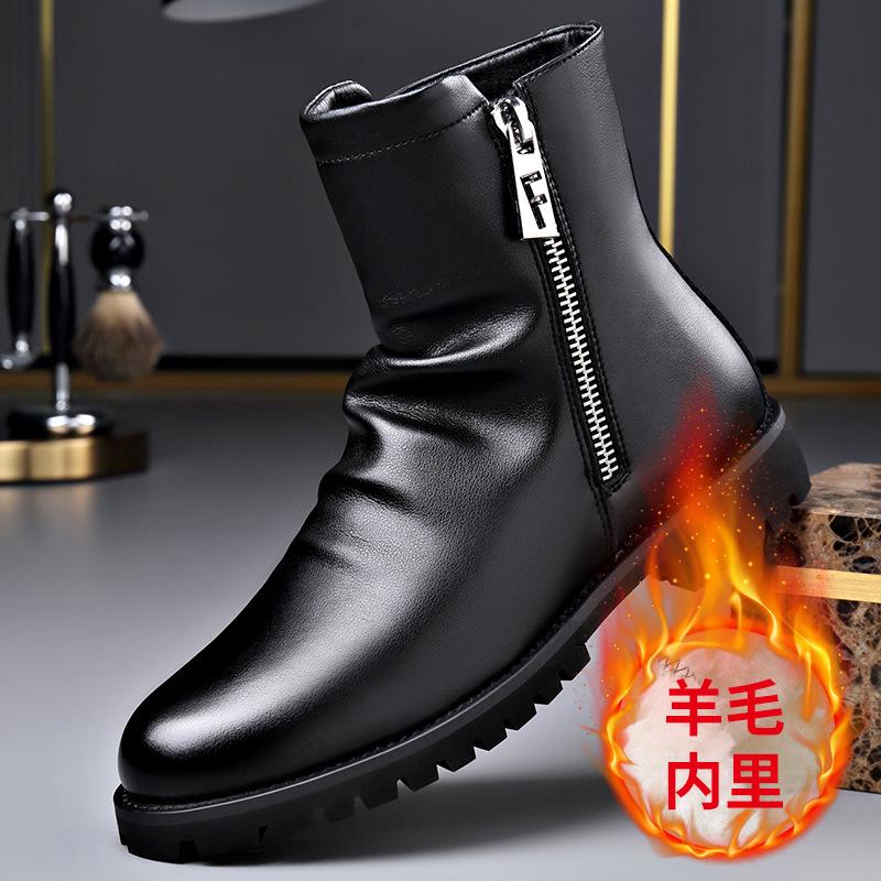 Модные осенне-зимние черные кожаные ботильоны для мужчин, модные повседневные новые дизайнерские шерстяные теплые хлопковые туфли, мужские ботинки большого размера на платформе
