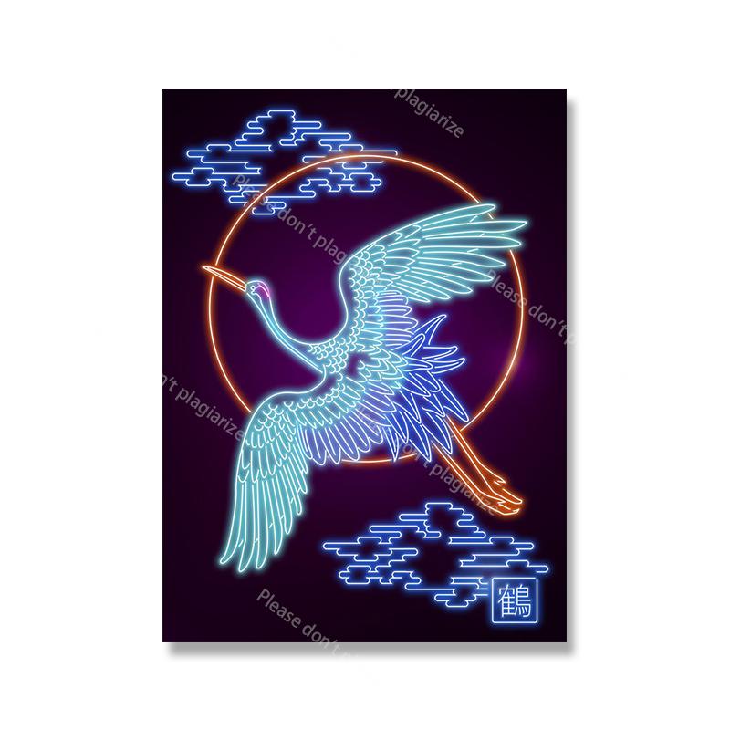 Oriental Retro Neon Canvas Painting Tsuru Sakura Mural Japanese Wave Mount Fuji Samurai Art Poster Print Living Room Home Decor