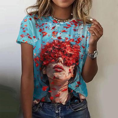 Летняя винтажная футболка, женская футболка с круглым вырезом и забавным принтом, повседневная свободная футболка с 3d цветочным рисунком, элегантные топы большого размера с короткими рукавами Y2k